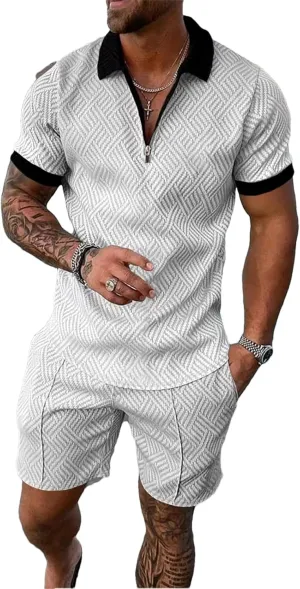 Men's Patchwork Polo Set, Zipper Streetwear Short Sleeve & Shorts