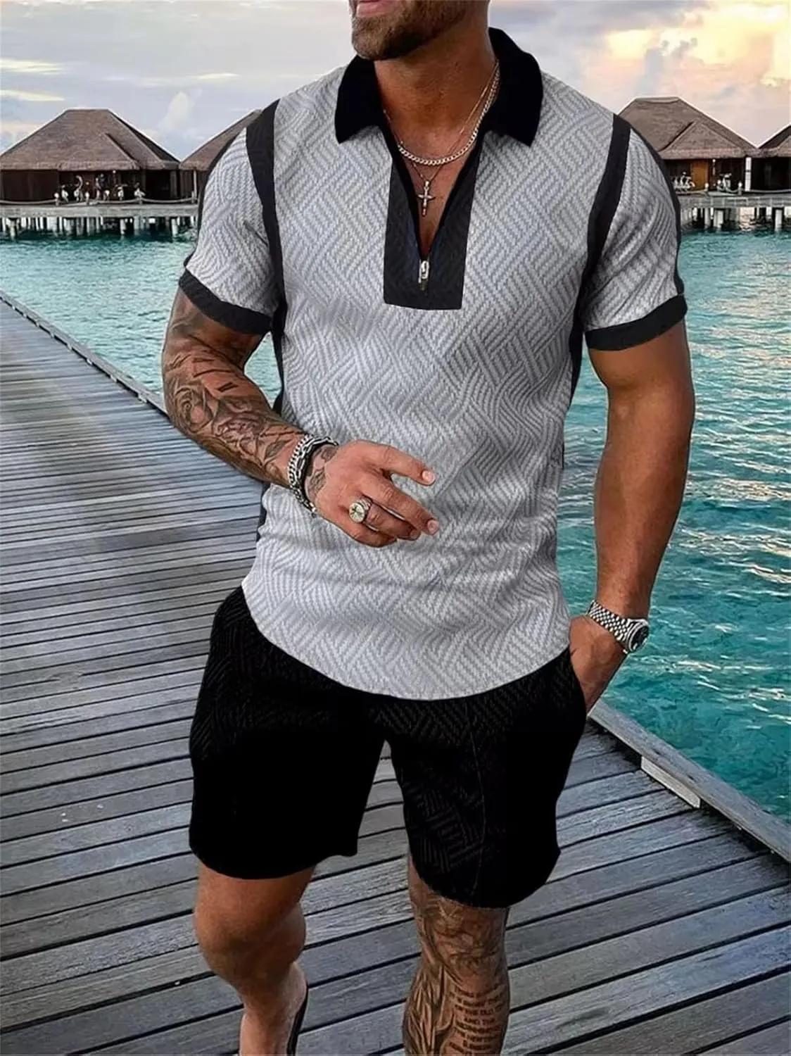 Men's Patchwork Polo Set, Zipper Streetwear Short Sleeve & Shorts
