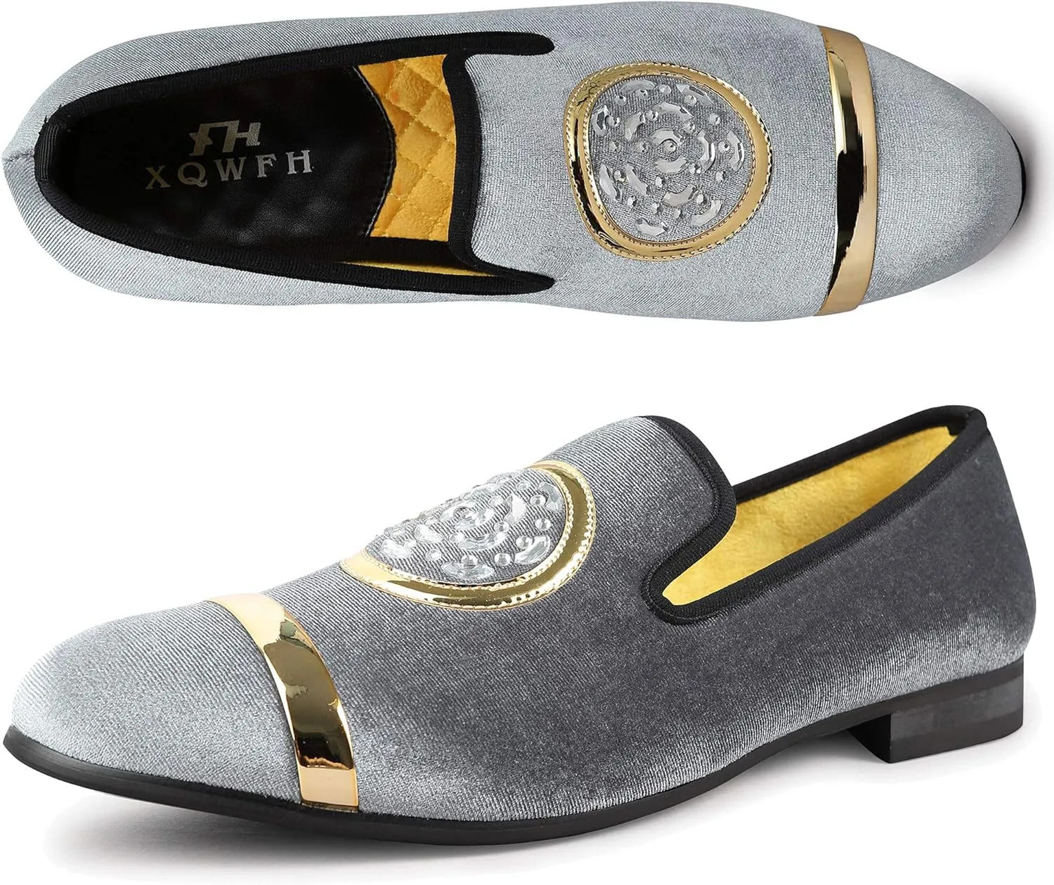 Mens Rhinestone Loafers Velvet Tuxedo Dress Shoes with Gold Plate Smoking Slippers Slip-On Penny Party Wedding Casual Shoes