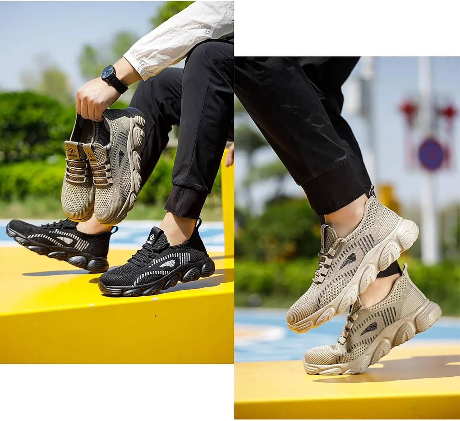 Mens Safety Shoes, Breathable Summer Woven Safety Shoes, Anti Smashing and Anti Piercing Steel Toe Work Shoes, Protective Outdoor Adventure Sneakers,40,Brass