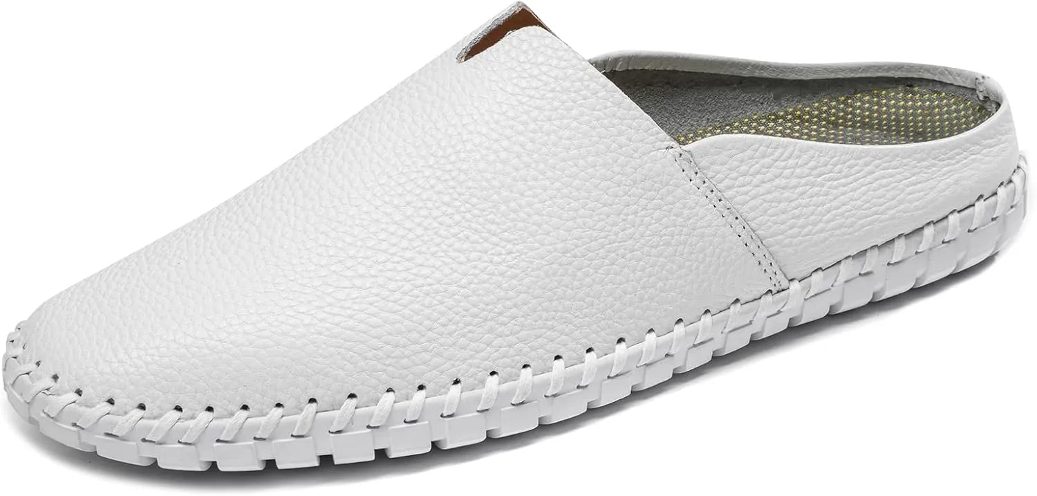 Men’s Slip-On Loafers Mules Clog Handmade Leather Slippers Hand Stitched no-Heel Casual Shoes for Men Breathable Comfortable Soft