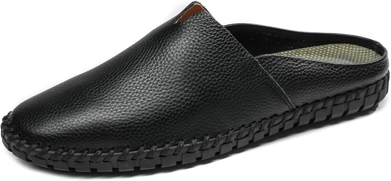 Men’s Slip-On Loafers Mules Clog Handmade Leather Slippers Hand Stitched no-Heel Casual Shoes for Men Breathable Comfortable Soft