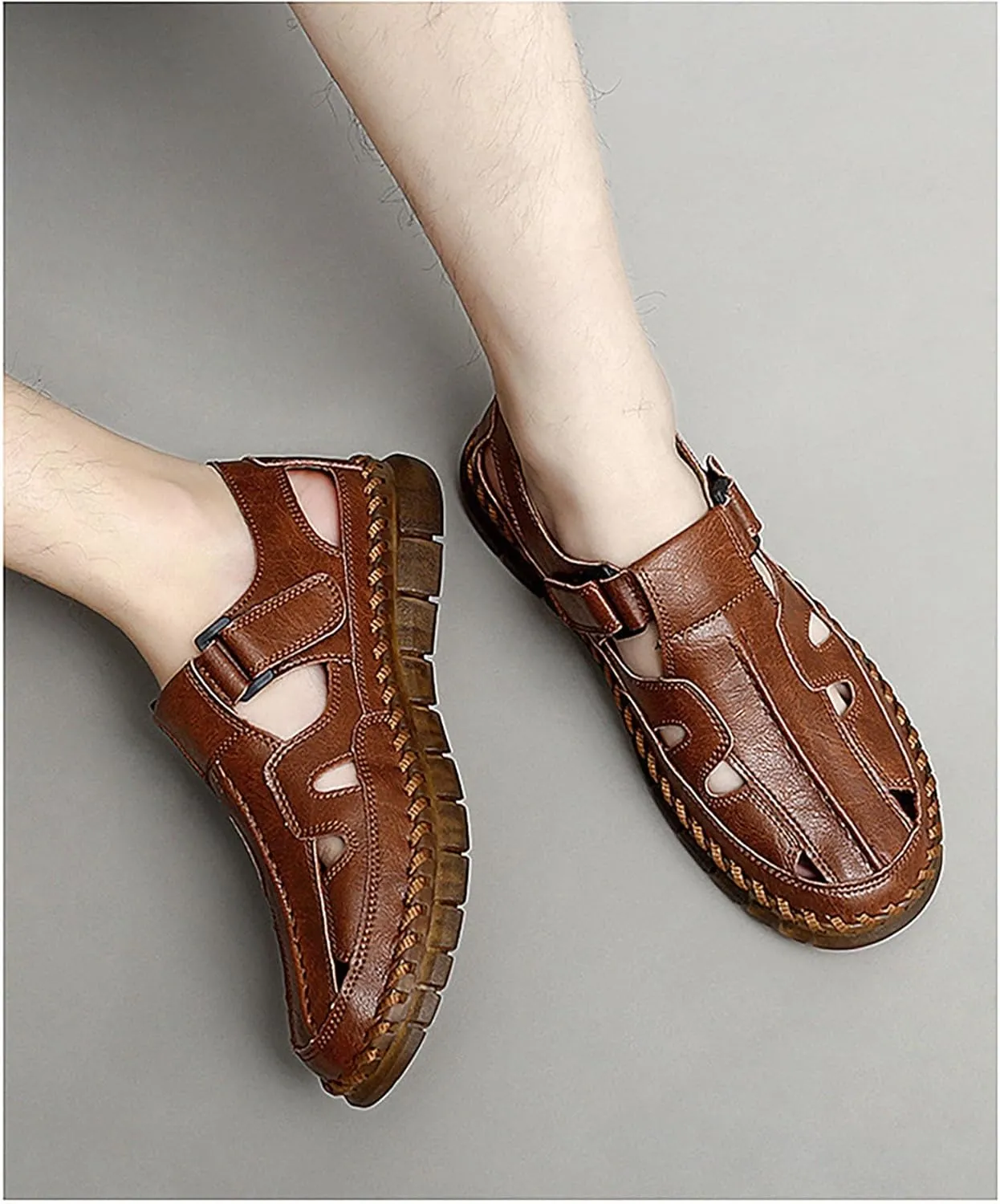 Men's Sport Sandals Summer Leather Fisherman Sandals Slip-on Causal Shoes Outdoor Loafers Closed Toe
