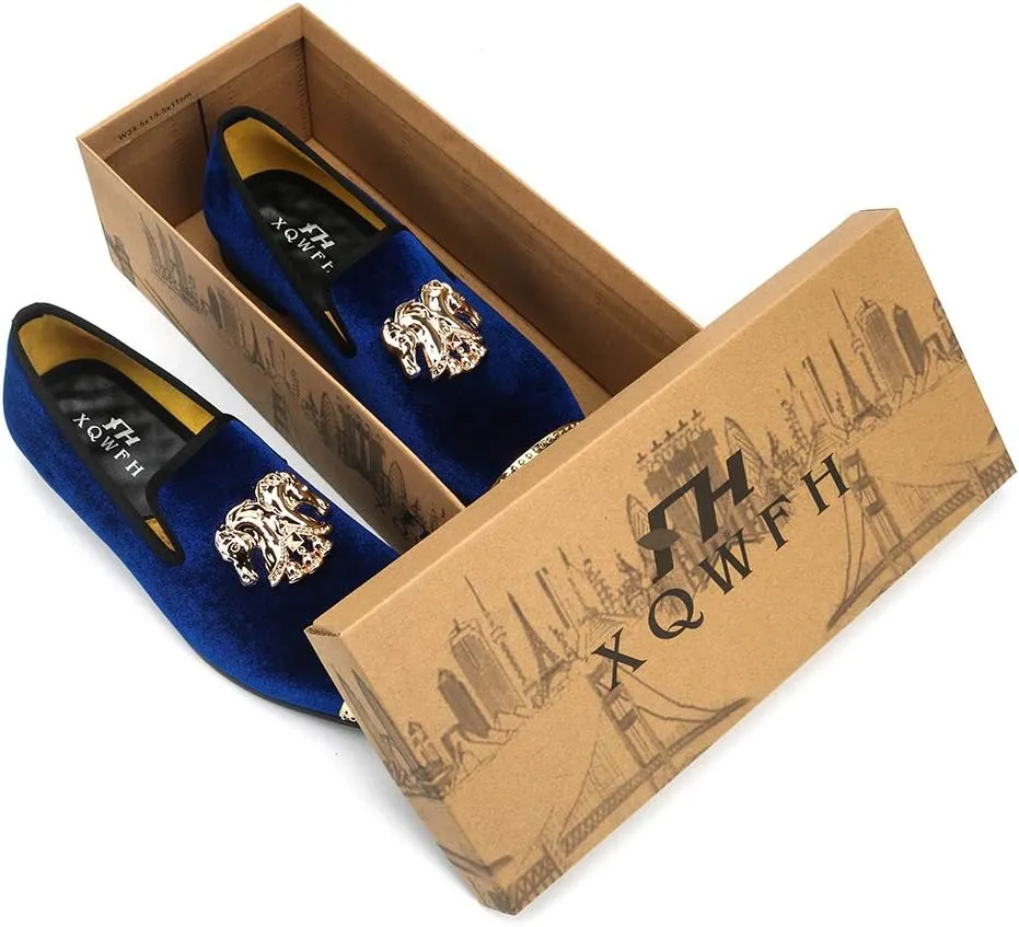 Mens Velvet Loafers Shoes Spiked Dress Shoes with Gold Buckle for Wedding Party Dancing Metallic Slip on Glitter Fashion Prom Shoes