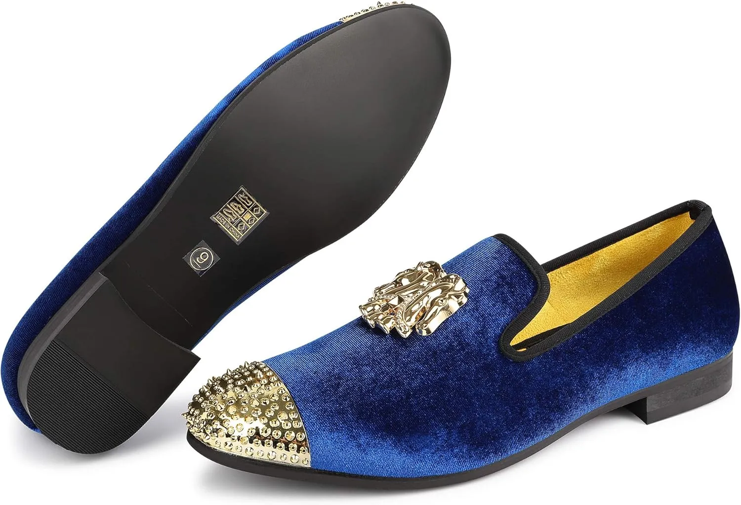 Mens Velvet Loafers Shoes Spiked Dress Shoes with Gold Buckle for Wedding Party Dancing Metallic Slip on Glitter Fashion Prom Shoes
