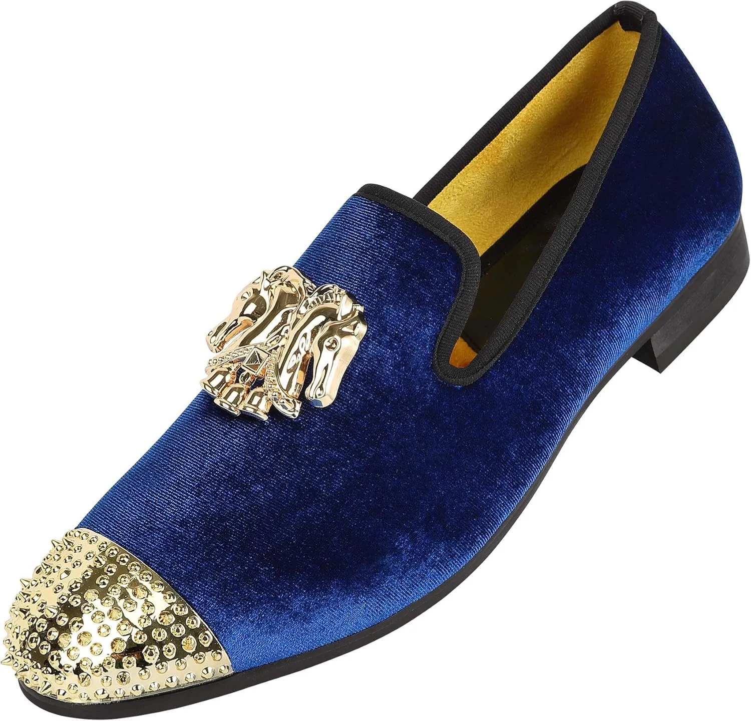 Mens Velvet Loafers Shoes Spiked Dress Shoes with Gold Buckle for Wedding Party Dancing Metallic Slip on Glitter Fashion Prom Shoes