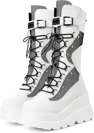 mikarka Womens Holographic Platform Mid Calf Combat Boots Lace Up Wedge Heel Studded Goth Knee High Boots