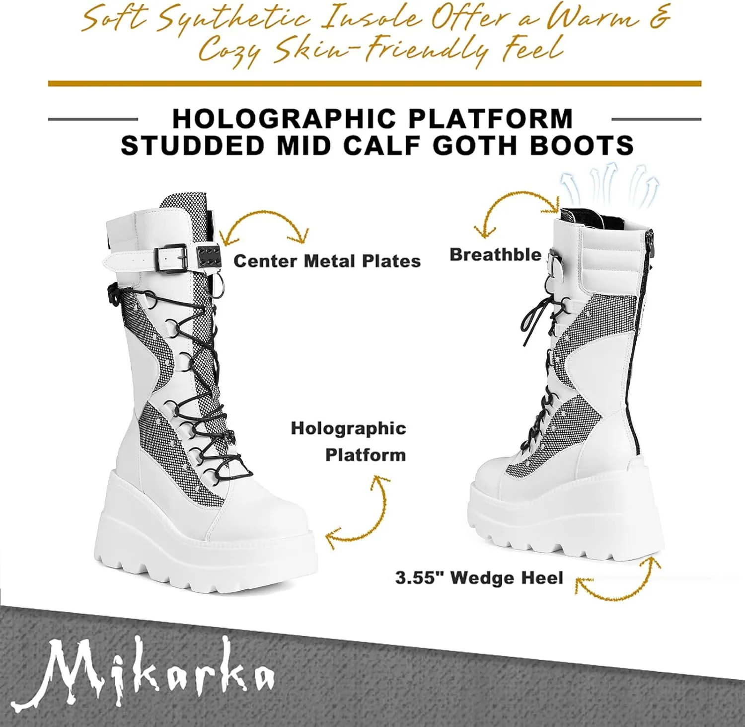mikarka Womens Holographic Platform Mid Calf Combat Boots Lace Up Wedge Heel Studded Goth Knee High Boots