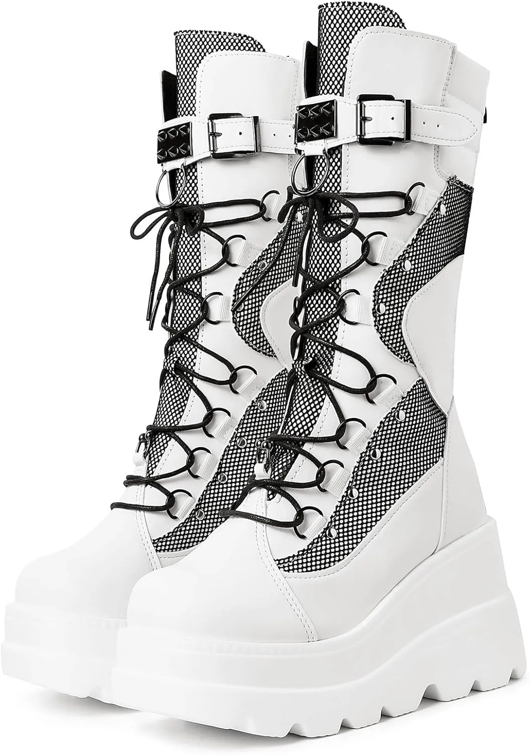 mikarka Womens Holographic Platform Mid Calf Combat Boots Lace Up Wedge Heel Studded Goth Knee High Boots