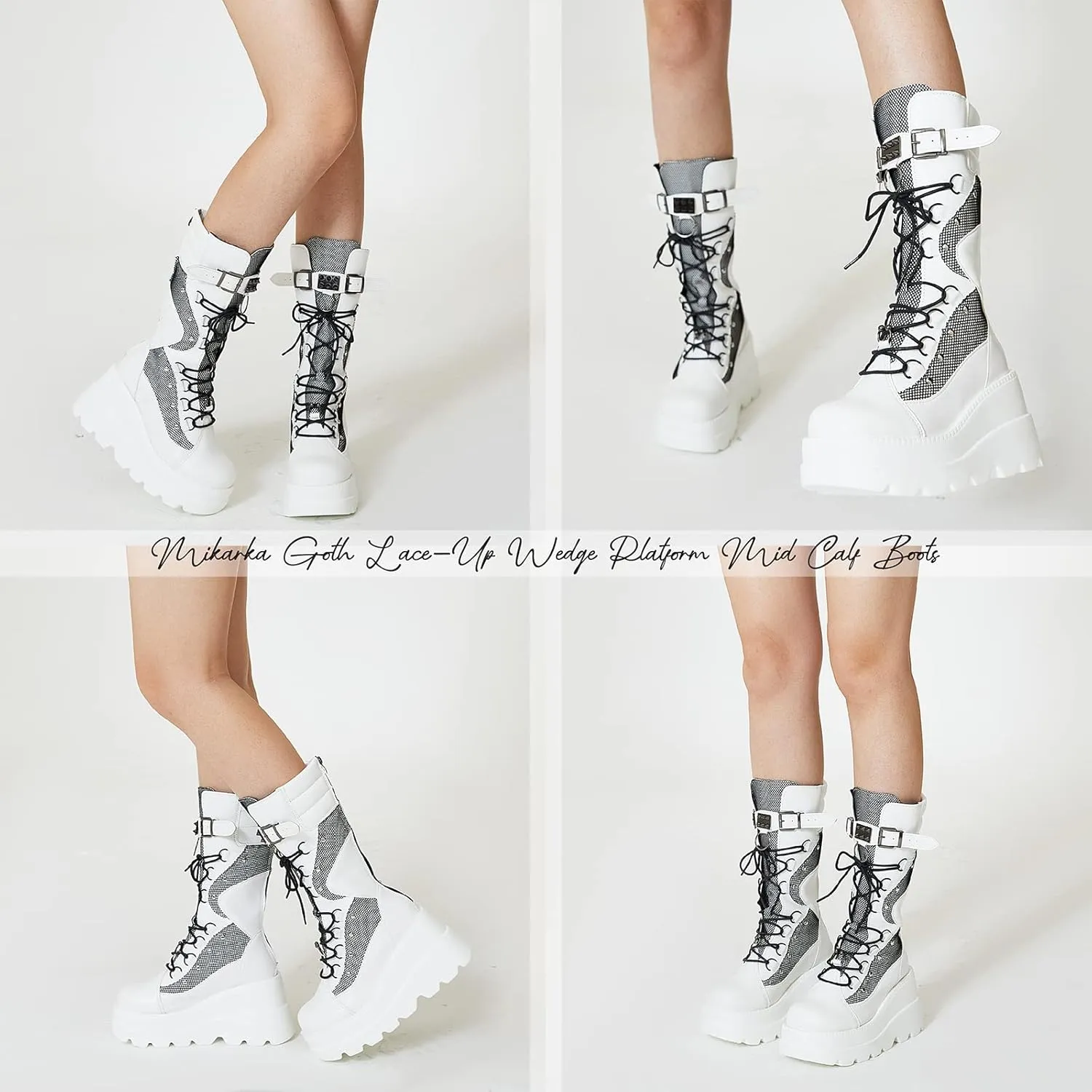mikarka Womens Holographic Platform Mid Calf Combat Boots Lace Up Wedge Heel Studded Goth Knee High Boots