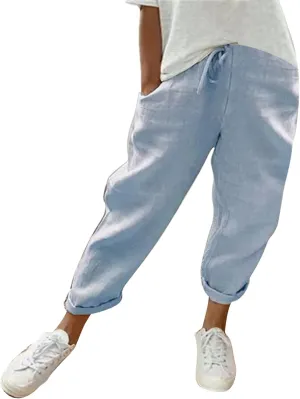 Miyaomn Women's Baggy Drawstring Linen Pants Cotton Elastic Waist Wide Leg Casual Joggers Solid Lounge Trousers with Pockets
