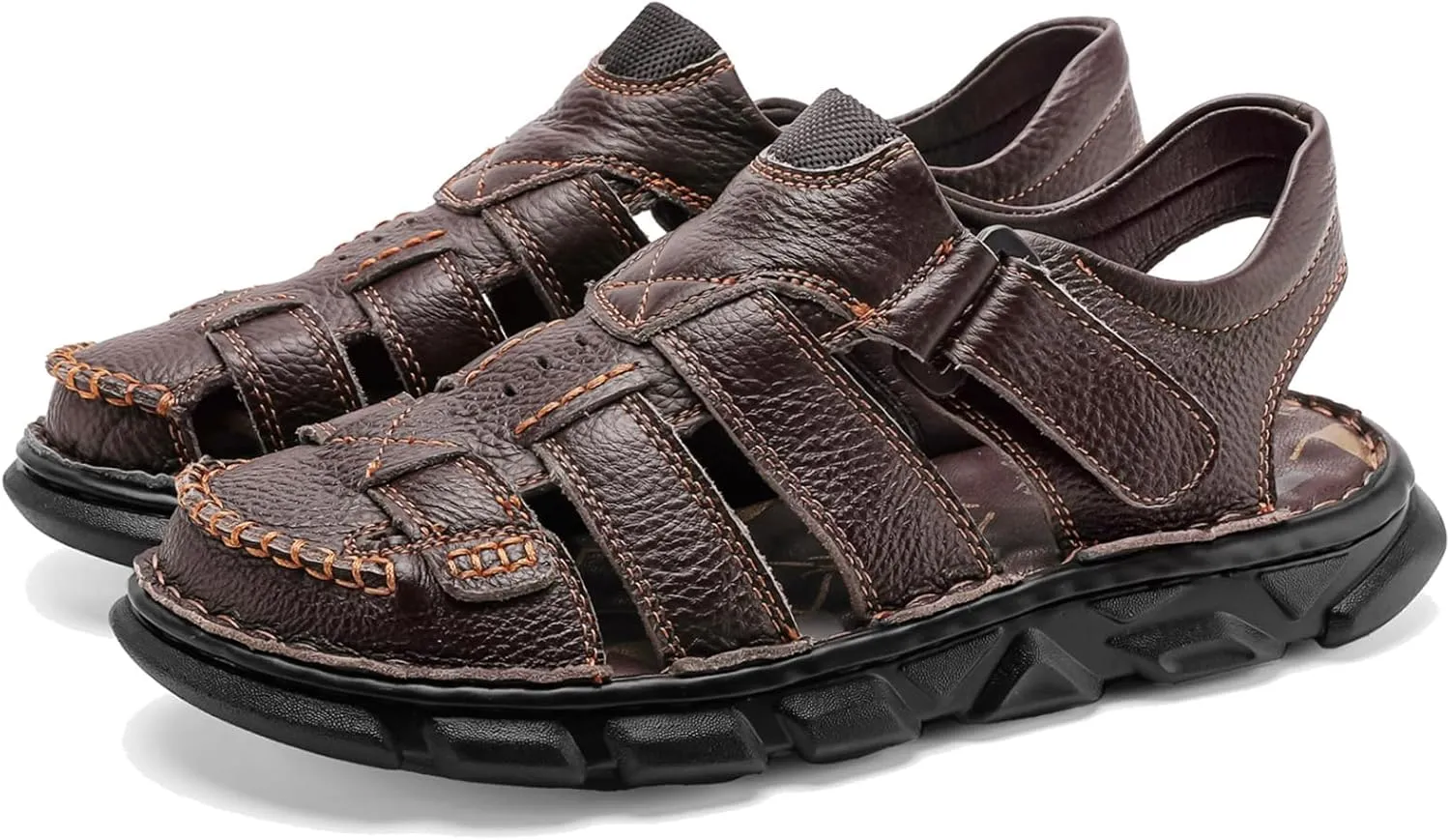 Moodeng Men's Leather Sandals Outdoor Sport Sandals Athletic Closed Toe Sandals Hand Sewing Comfortable Walking