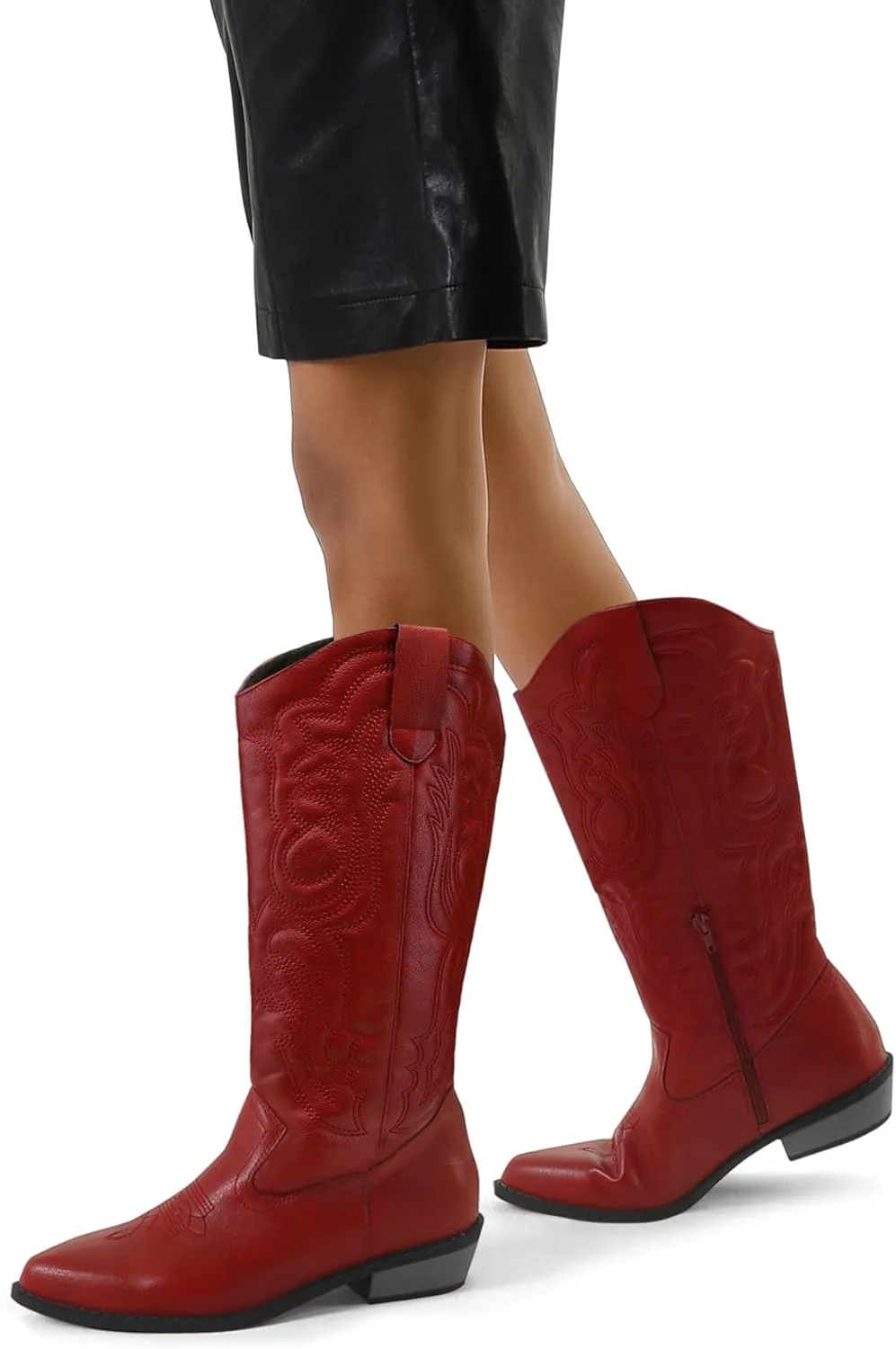 mysoft Women's Cowboy Boots Mid Calf Cowgirl Embroidered Western Pointed Toe Chunky Heel Pull On Knee High Boots