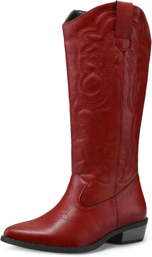 mysoft Women's Cowboy Boots Mid Calf Cowgirl Embroidered Western Pointed Toe Chunky Heel Pull On Knee High Boots