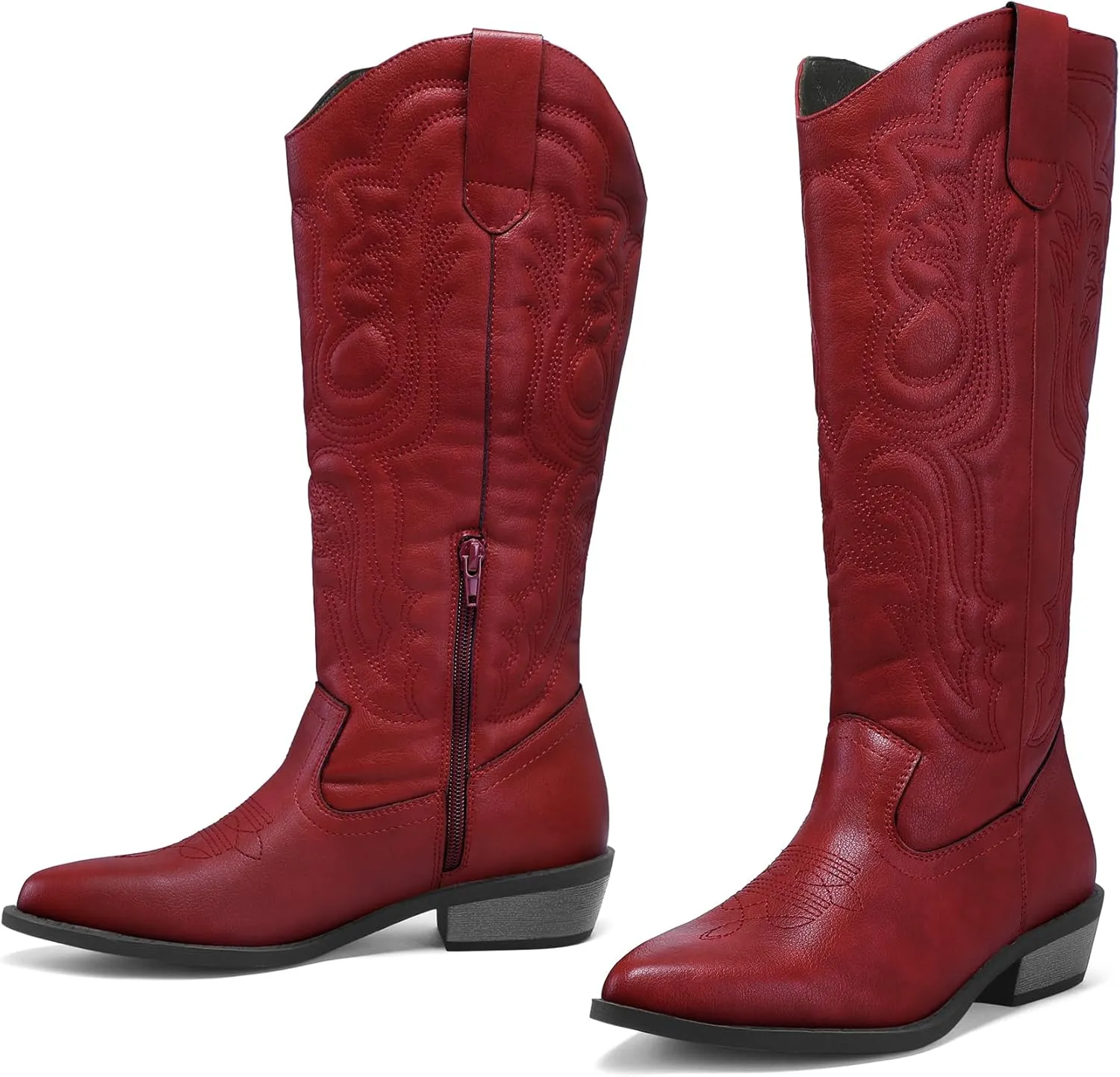 mysoft Women's Cowboy Boots Mid Calf Cowgirl Embroidered Western Pointed Toe Chunky Heel Pull On Knee High Boots