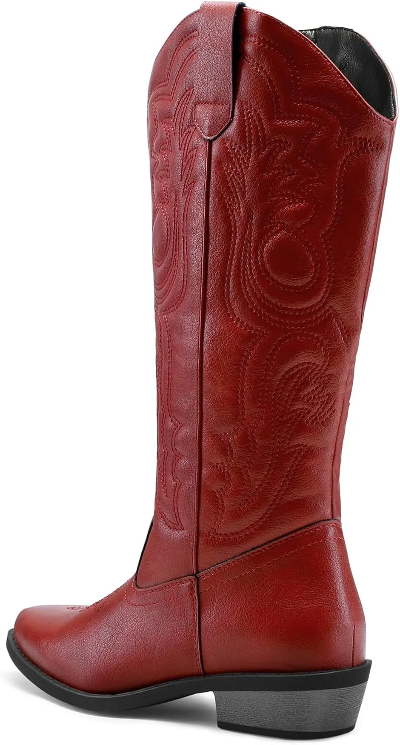 mysoft Women's Cowboy Boots Mid Calf Cowgirl Embroidered Western Pointed Toe Chunky Heel Pull On Knee High Boots