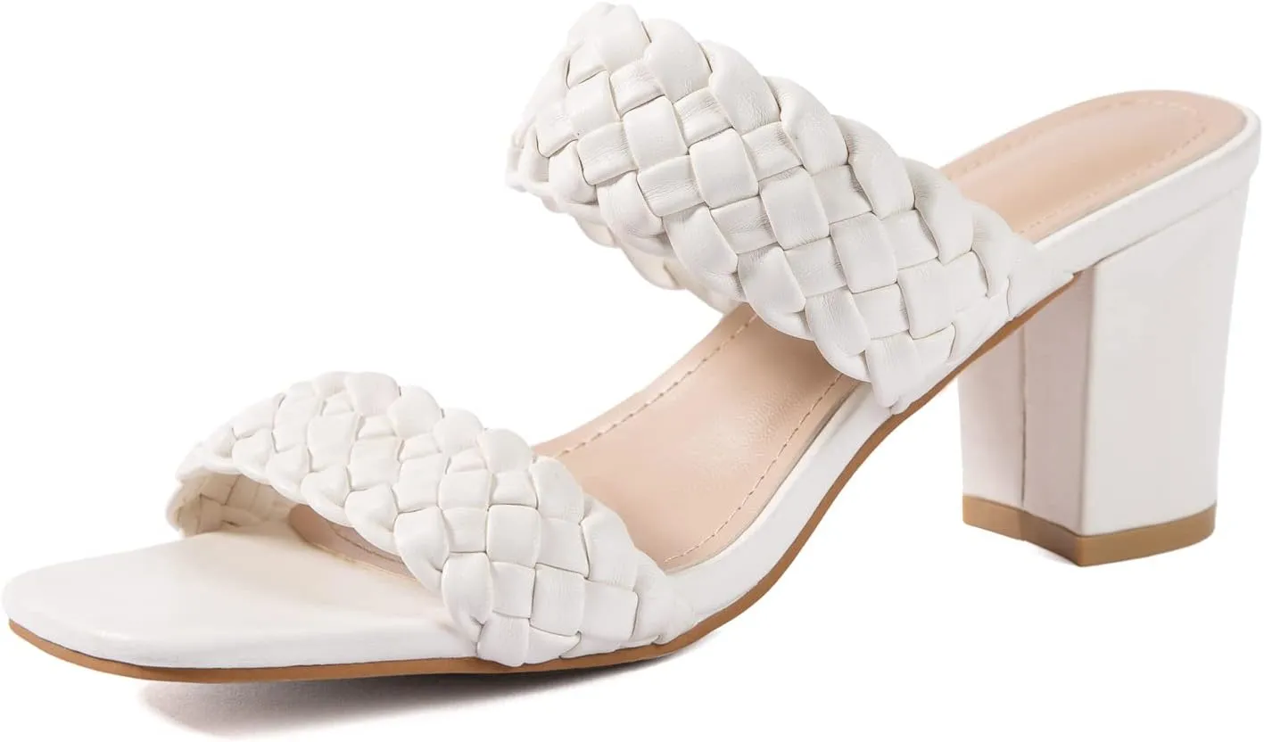 N.N.G Women Heels Sandals Braided Block Nude Summer Chunky Square Leather Woven Comfort Strappy Dress Casual Pumps Mules