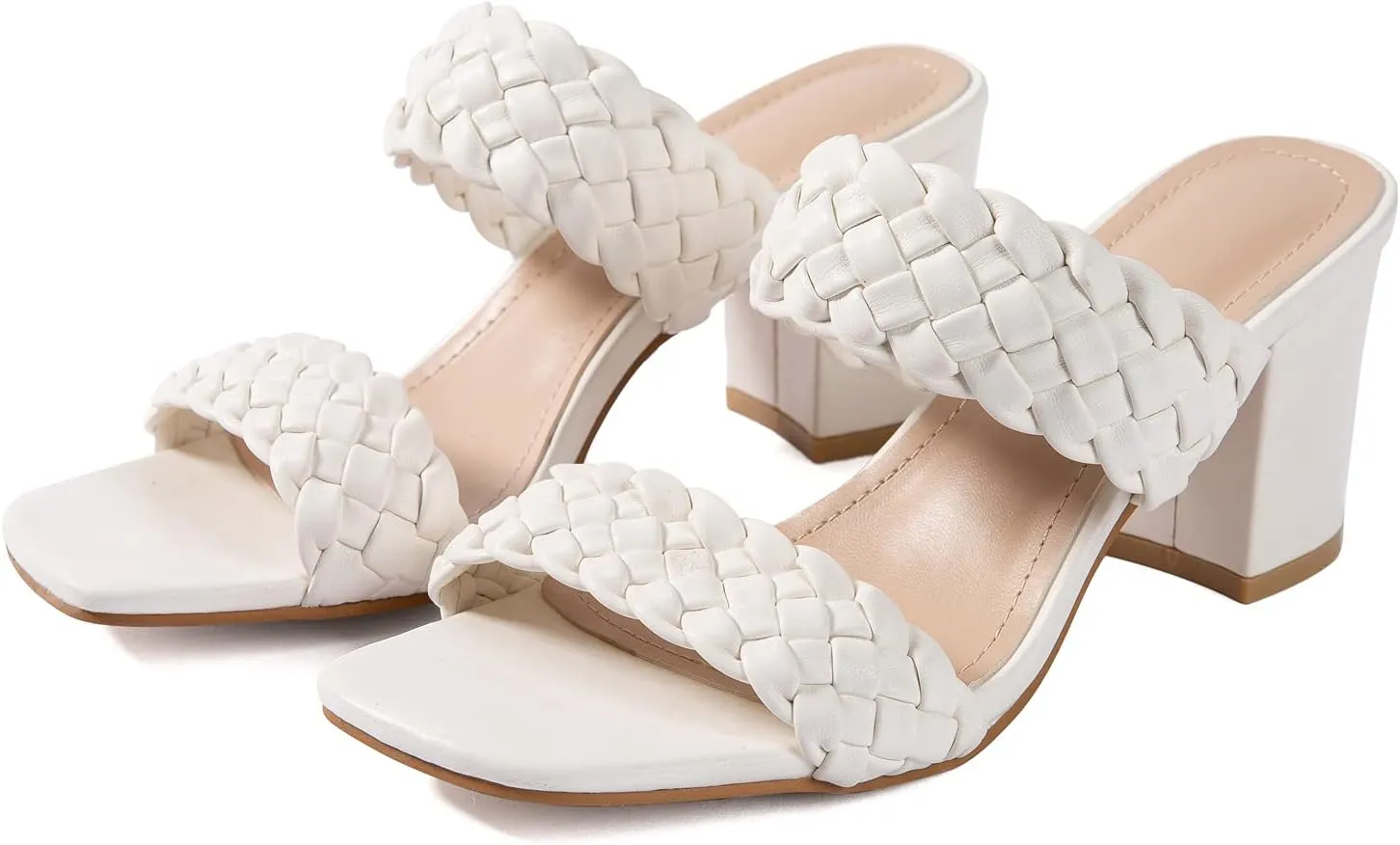 N.N.G Women Heels Sandals Braided Block Nude Summer Chunky Square Leather Woven Comfort Strappy Dress Casual Pumps Mules