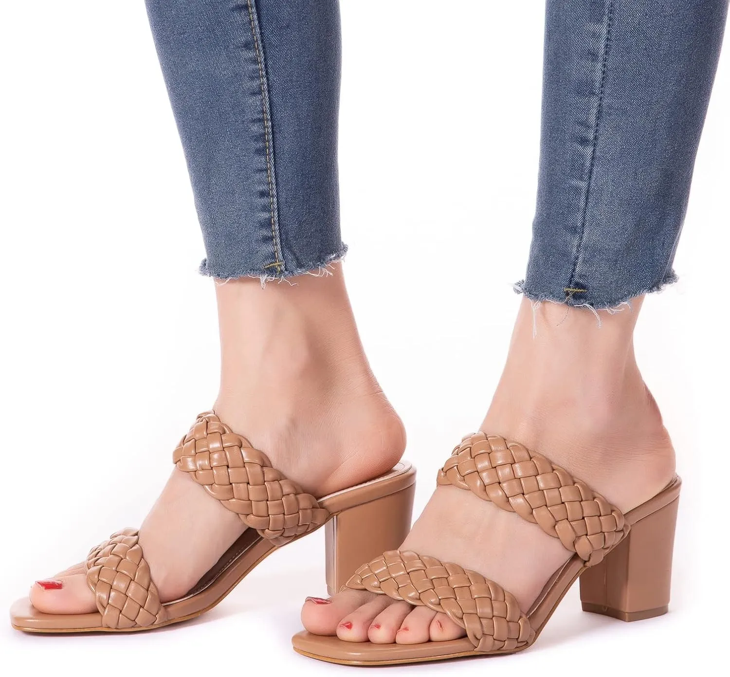 N.N.G Women Heels Sandals Braided Block Nude Summer Chunky Square Leather Woven Comfort Strappy Dress Casual Pumps Mules