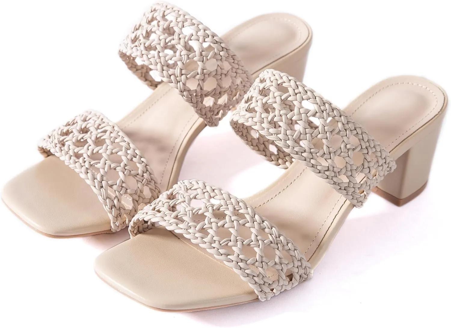 N.N.G Women Heels Sandals Braided Block Nude Summer Chunky Square Leather Woven Comfort Strappy Dress Casual Pumps Mules