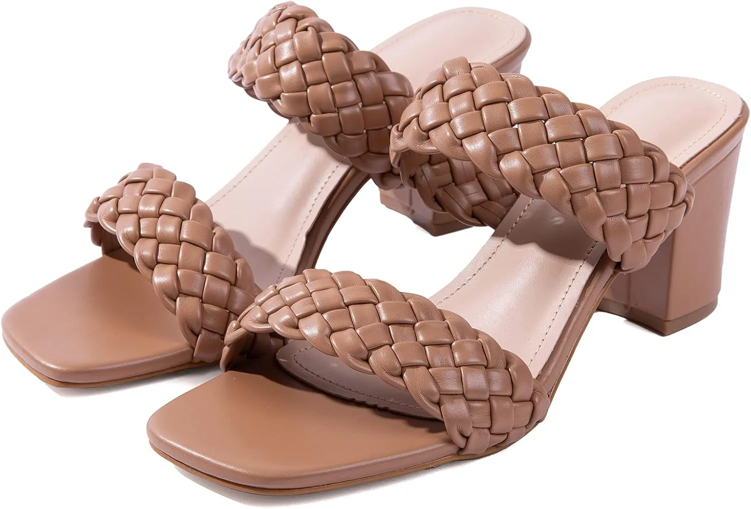 N.N.G Women Heels Sandals Braided Block Nude Summer Chunky Square Leather Woven Comfort Strappy Dress Casual Pumps Mules