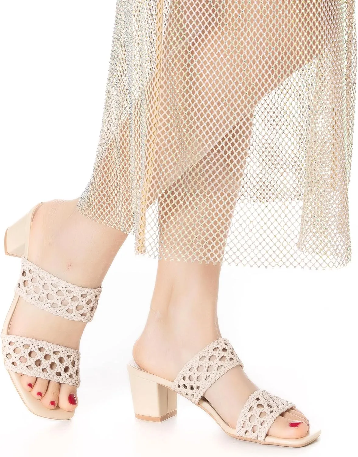 N.N.G Women Heels Sandals Braided Block Nude Summer Chunky Square Leather Woven Comfort Strappy Dress Casual Pumps Mules