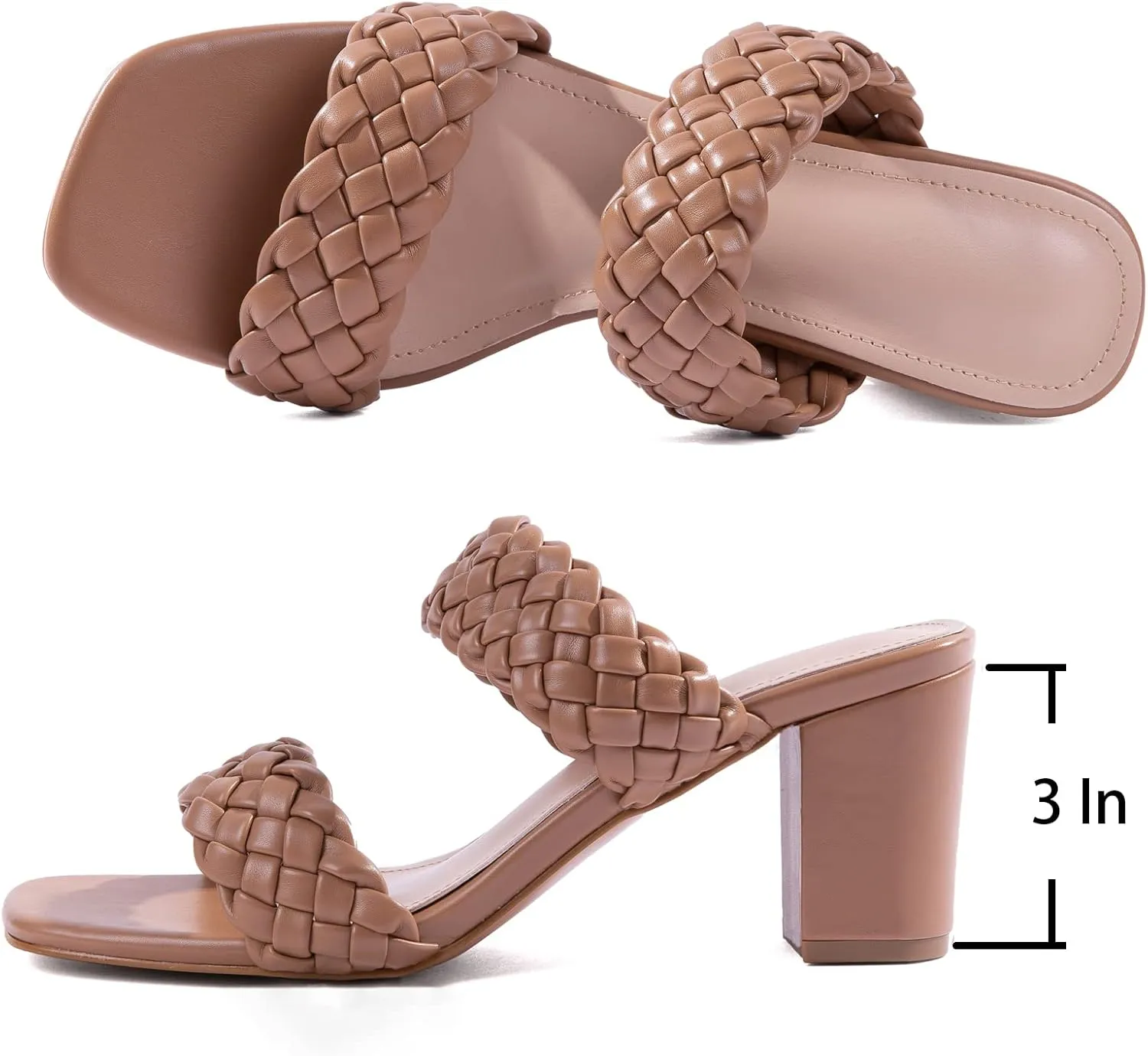 N.N.G Women Heels Sandals Braided Block Nude Summer Chunky Square Leather Woven Comfort Strappy Dress Casual Pumps Mules