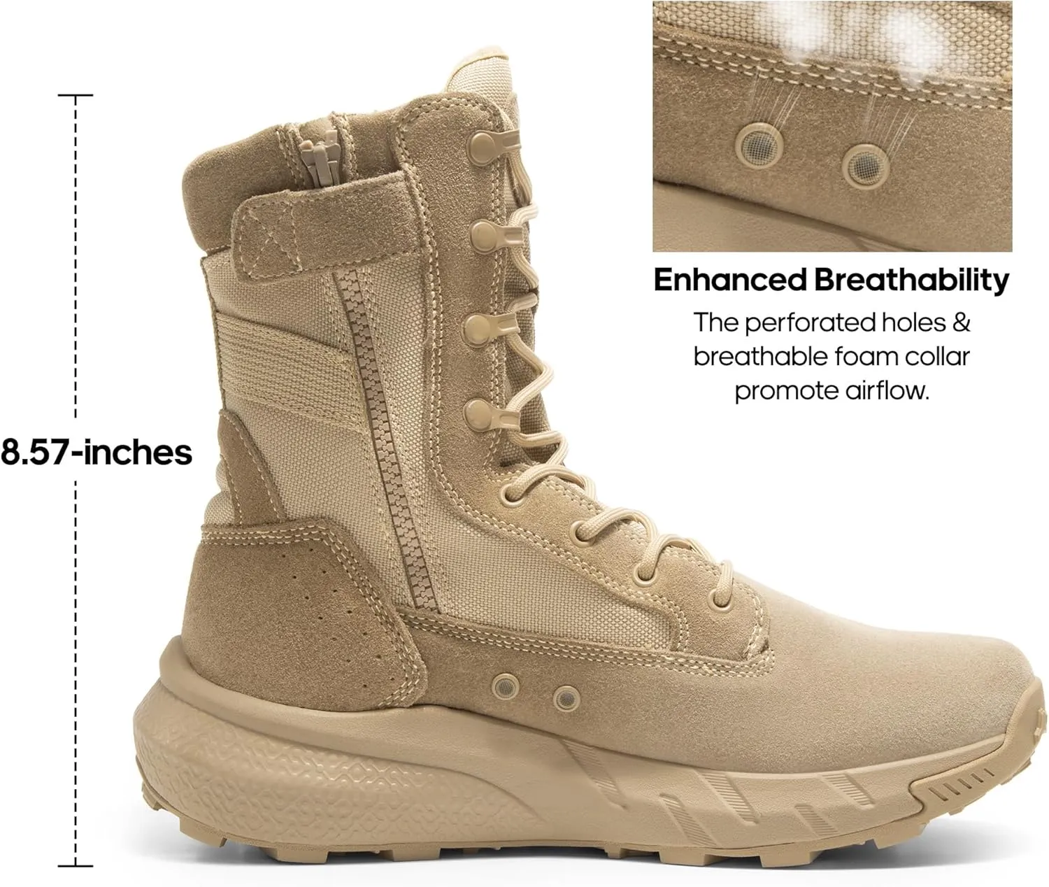 NORTIV 8 Men's Breathable Tactical Military Work Boots Side Zipper Leather Lightweight Hiking Motorcycle Combat Boots 8 Inches Recon
