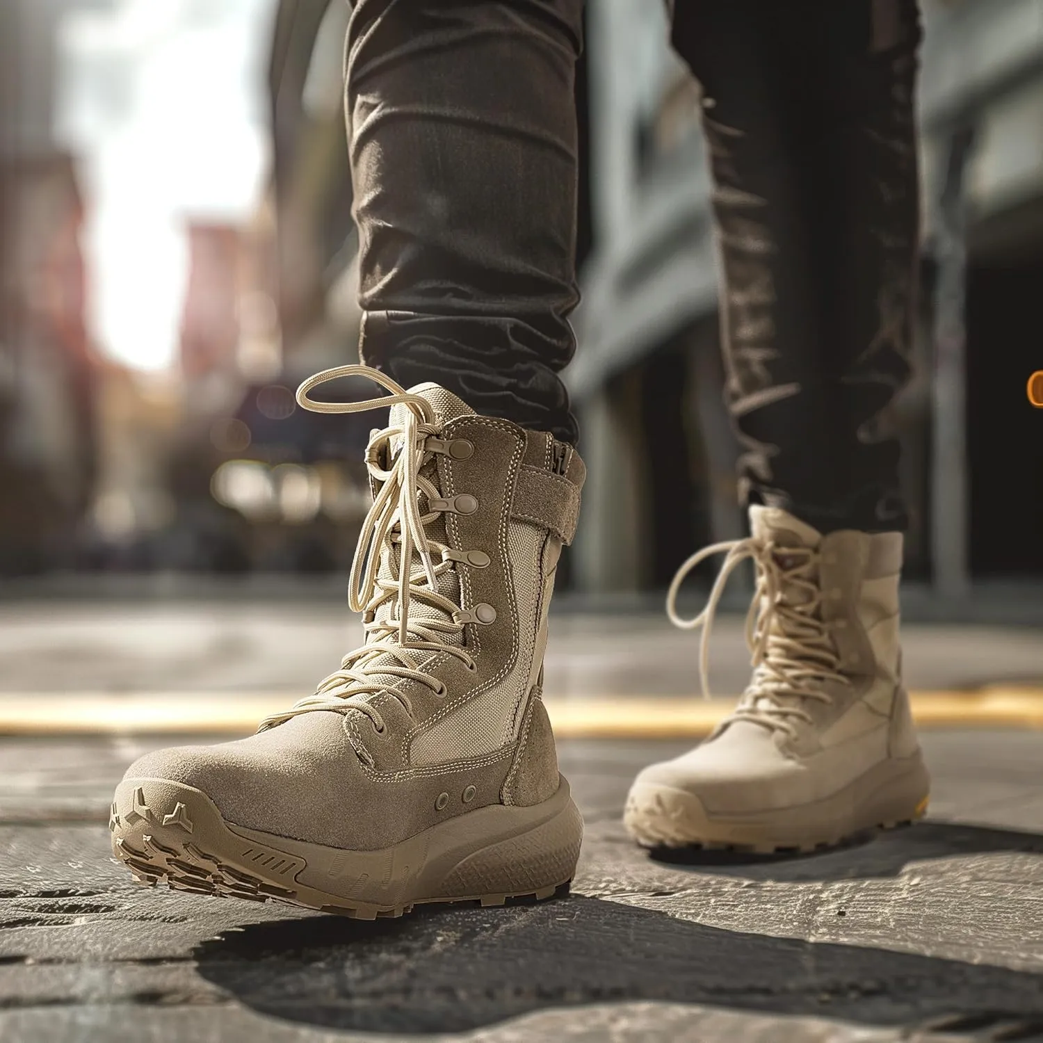 NORTIV 8 Men's Breathable Tactical Military Work Boots Side Zipper Leather Lightweight Hiking Motorcycle Combat Boots 8 Inches Recon
