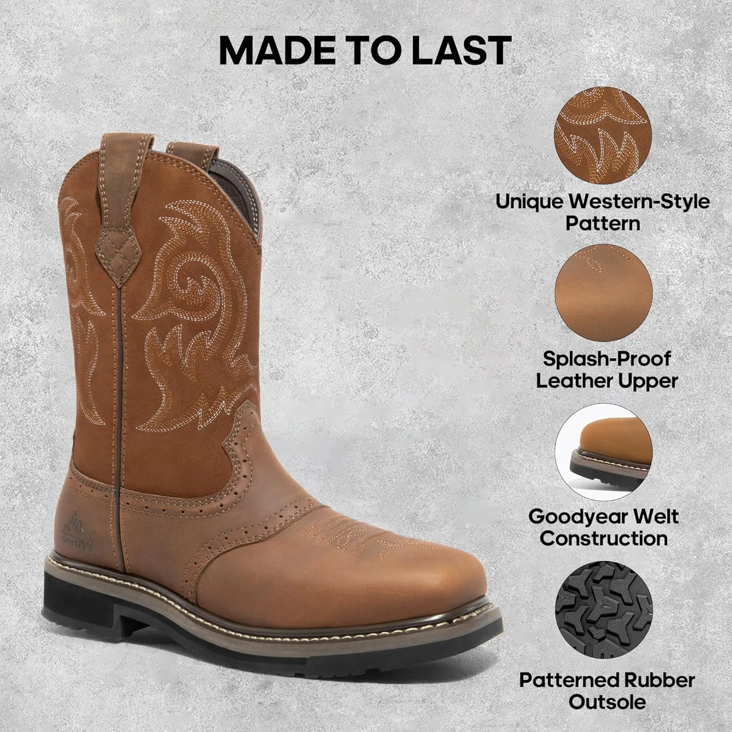 NORTIV 8 Steel Toe Cowboy Boots for Men Western Square Toe Leather Work Boots with Hazard Protection,for Construction Farming Bronco Trailblazer