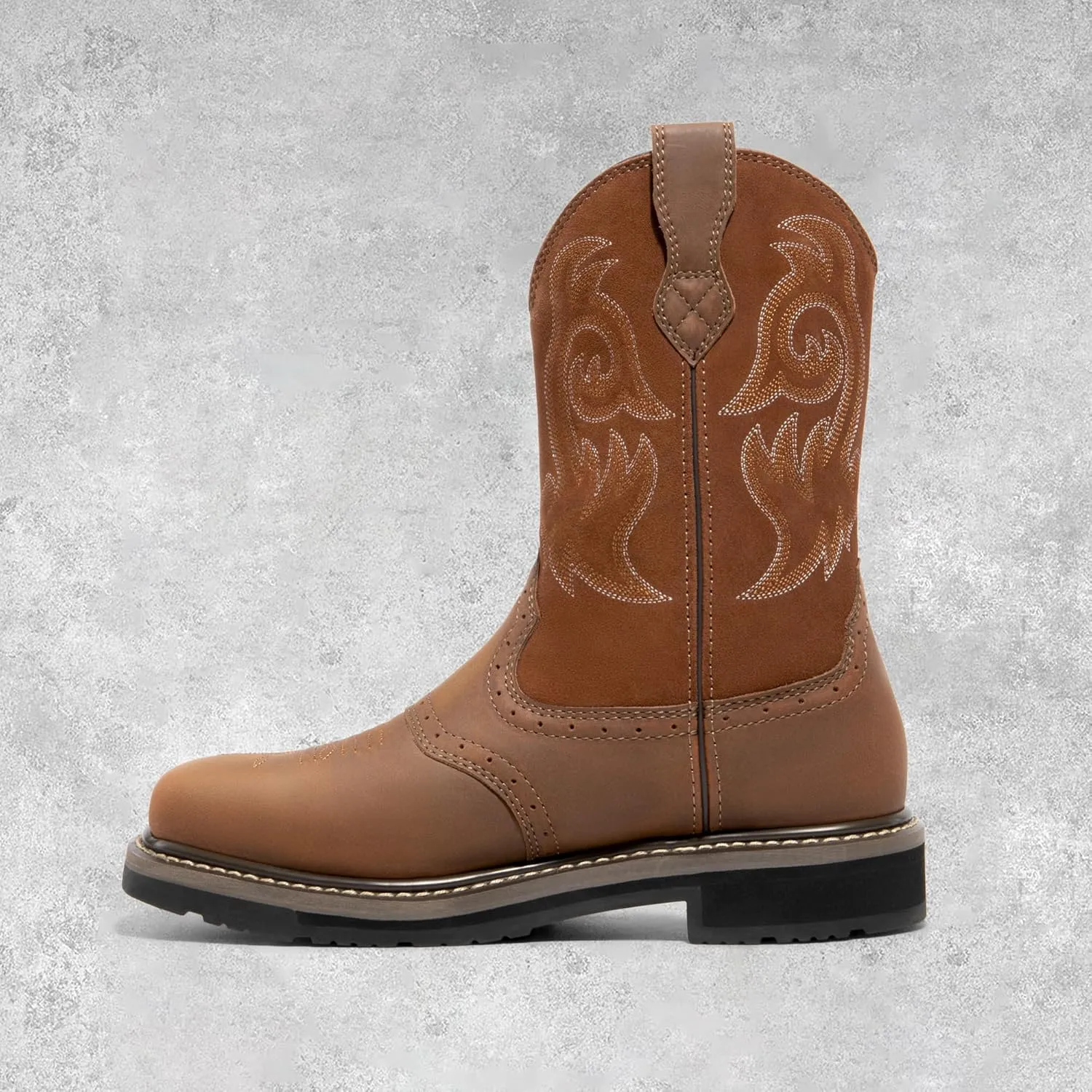 NORTIV 8 Steel Toe Cowboy Boots for Men Western Square Toe Leather Work Boots with Hazard Protection,for Construction Farming Bronco Trailblazer