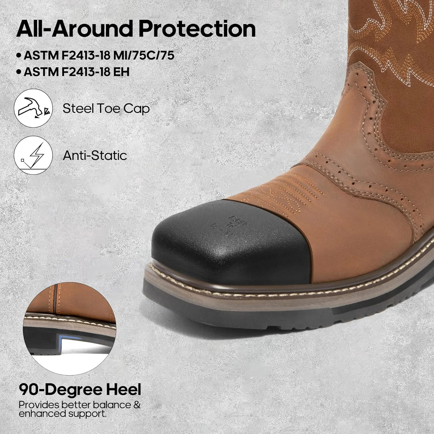 NORTIV 8 Steel Toe Cowboy Boots for Men Western Square Toe Leather Work Boots with Hazard Protection,for Construction Farming Bronco Trailblazer