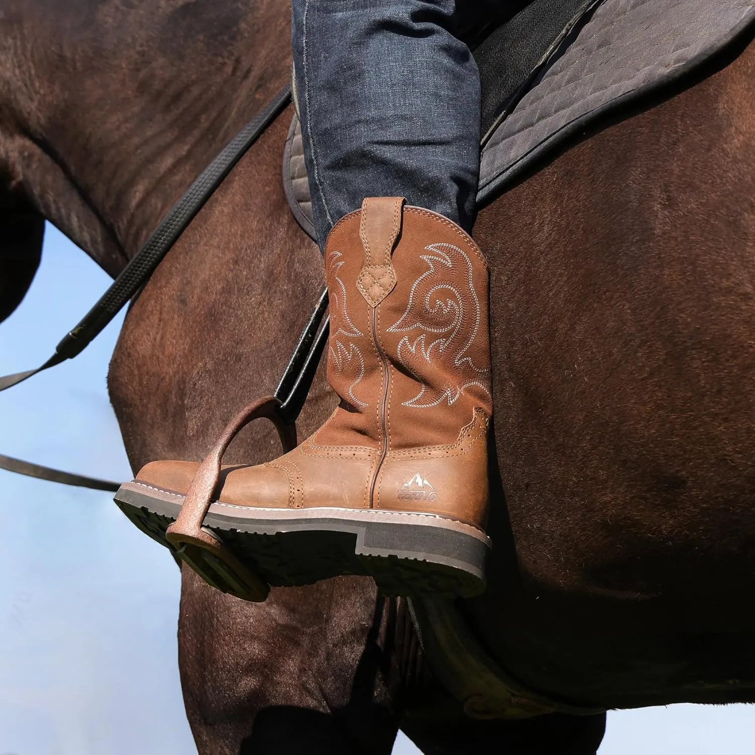 NORTIV 8 Steel Toe Cowboy Boots for Men Western Square Toe Leather Work Boots with Hazard Protection,for Construction Farming Bronco Trailblazer