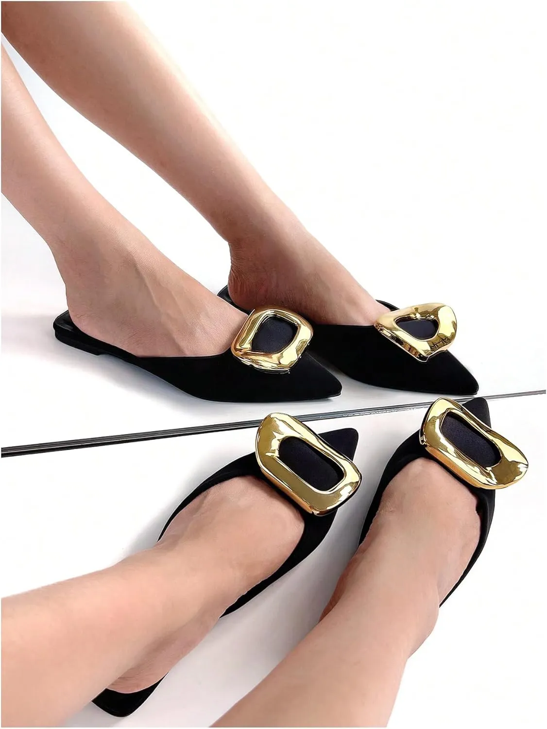 OYOANGLE Women's Metal Decor Flats Pointed Toe Slip On Backless Elegant Mule Shoes