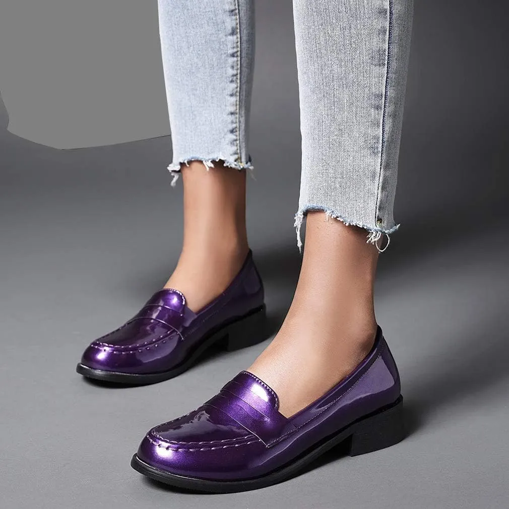 Parisuit Women's Patent Leather Loafers Flat Low Heel Slip On Pumps Round Toe Fashion Dress Uniform Work Shoes