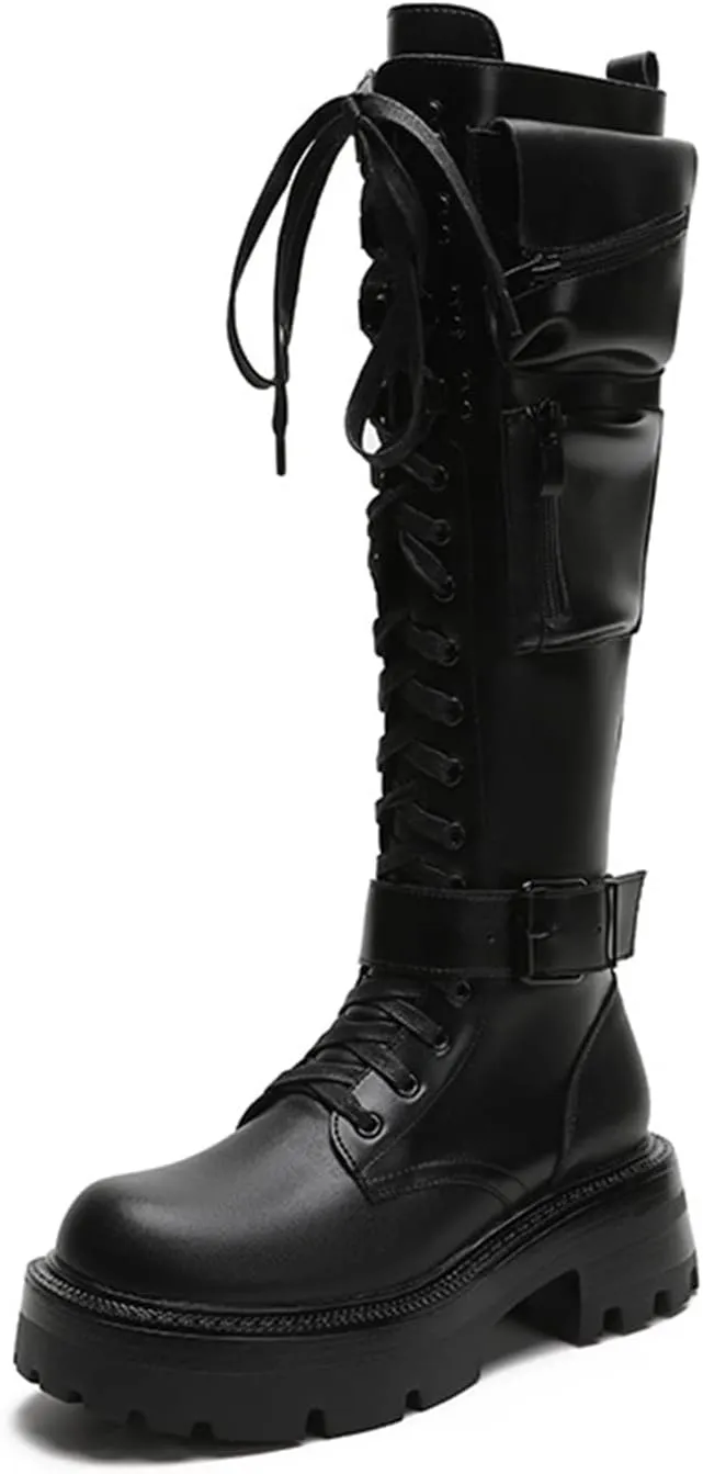 pearlzone Women's Lace Up Knee High Boots,Synthetic Leather Pockets Biker Goth Shoes,Knitting Stitching Lace Up Combat Booties
