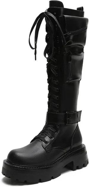 pearlzone Women's Lace Up Knee High Boots,Synthetic Leather Pockets Biker Goth Shoes,Knitting Stitching Lace Up Combat Booties