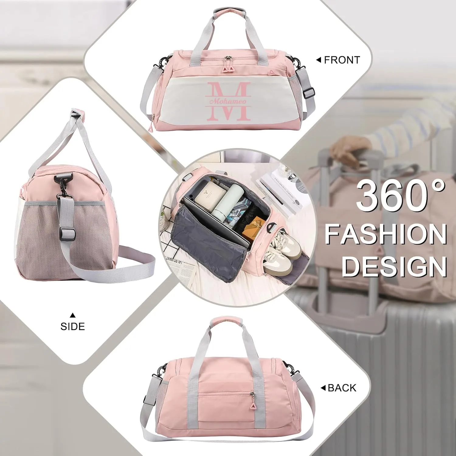 Personalized Duffel Bag with Name, Travel Duffel with Wet Pocket & Shoe Compartment, Sport Gym Bags for Women/Men, Overnight Bag for Traveling and Sports Enthusiasts (Style 1-Pink)