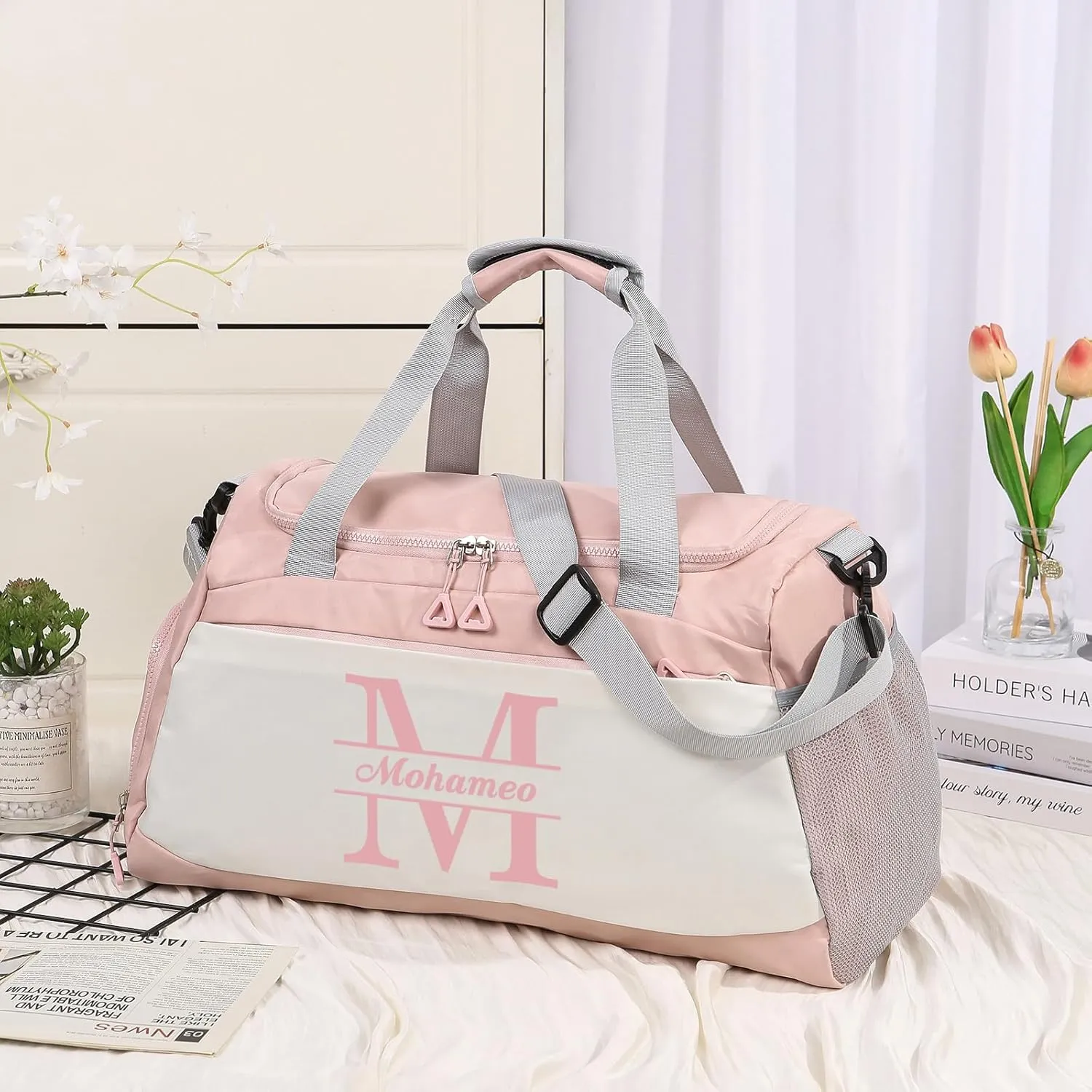 Personalized Duffel Bag with Name, Travel Duffel with Wet Pocket & Shoe Compartment, Sport Gym Bags for Women/Men, Overnight Bag for Traveling and Sports Enthusiasts (Style 1-Pink)