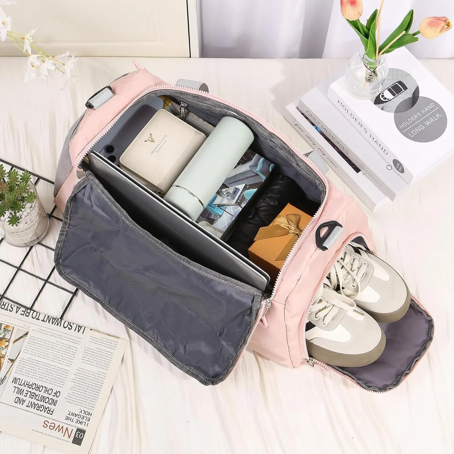 Personalized Duffel Bag with Name, Travel Duffel with Wet Pocket & Shoe Compartment, Sport Gym Bags for Women/Men, Overnight Bag for Traveling and Sports Enthusiasts (Style 1-Pink)