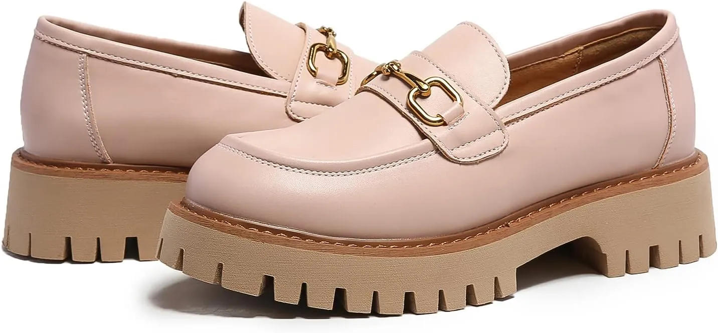 Platform Loafers for Women Chunky Heel Lug Sole Loafers Slip ons Round Toe