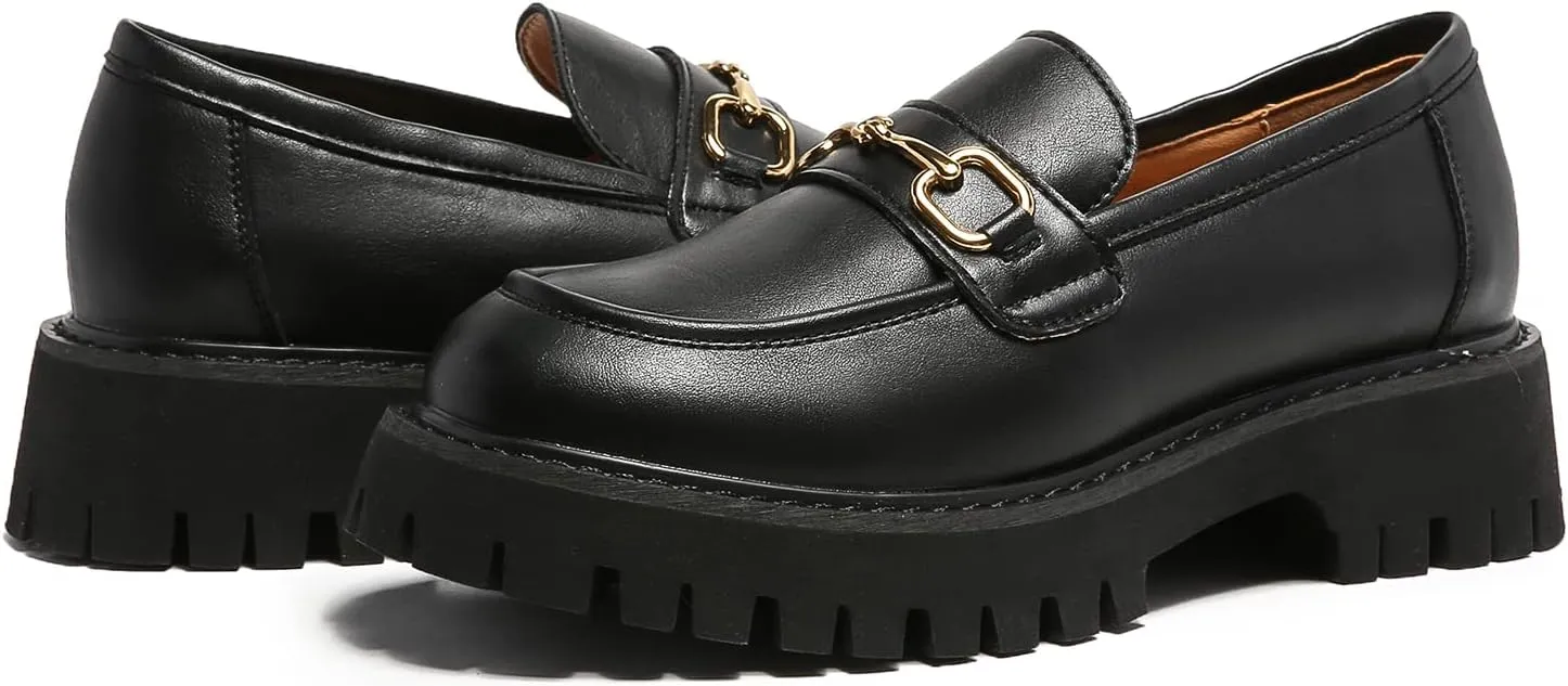 Platform Loafers for Women Chunky Heel Lug Sole Loafers Slip ons Round Toe