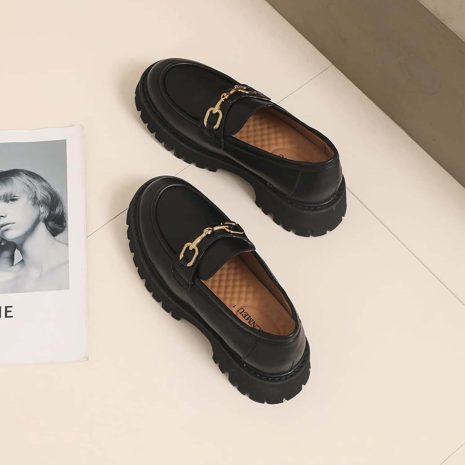 Platform Loafers for Women Chunky Heel Lug Sole Loafers Slip ons Round Toe