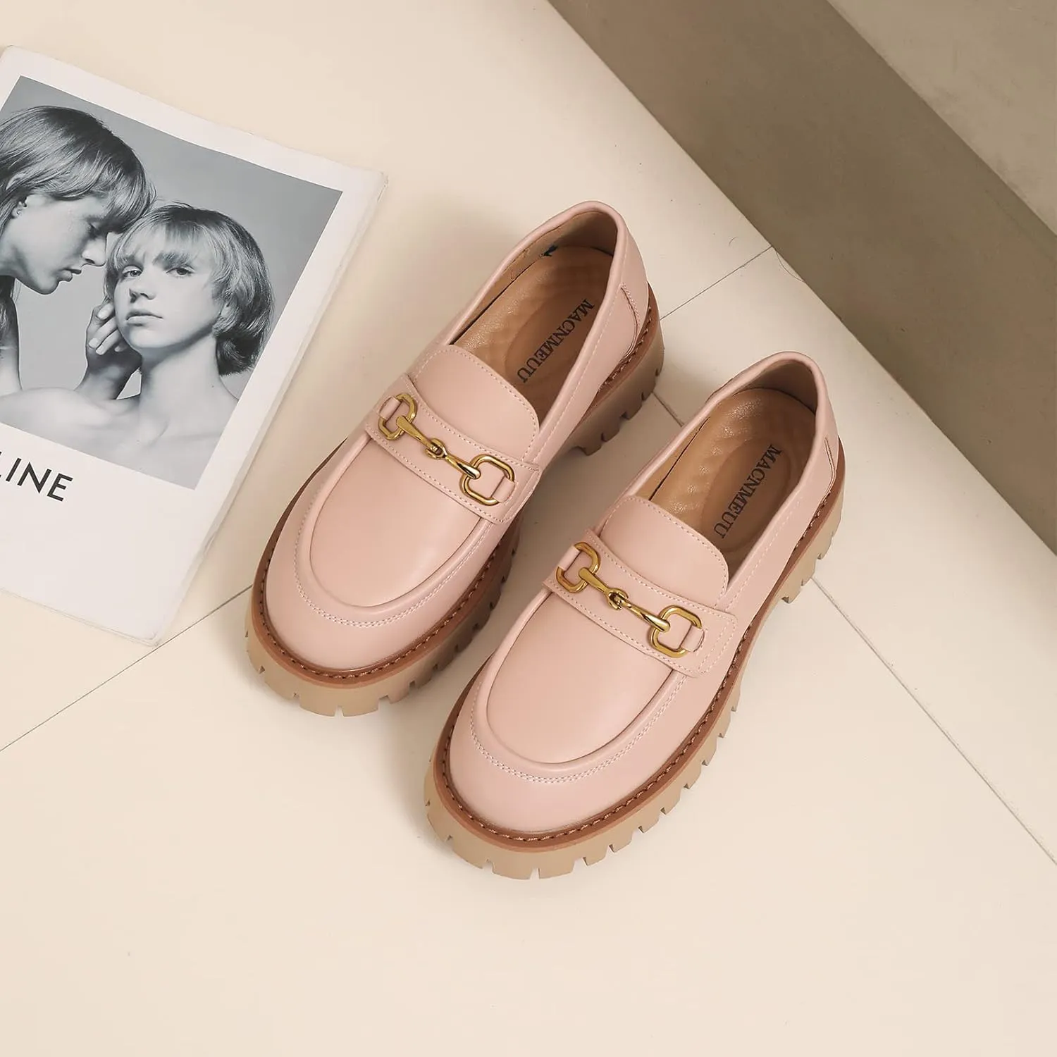 Platform Loafers for Women Chunky Heel Lug Sole Loafers Slip ons Round Toe