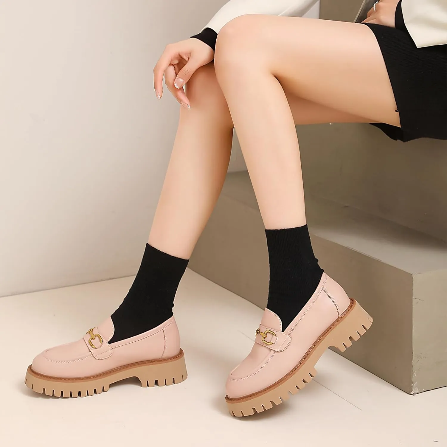 Platform Loafers for Women Chunky Heel Lug Sole Loafers Slip ons Round Toe