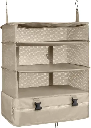 Portable Hanging Travel Shelves, Suitcase Organizer, Packing Cubes for Travel, Carry-On Closet Insert, X-Large Capacity Travel Bags Collapsible 4-Shelf Travel Closet with 2 Hooks (Beige)