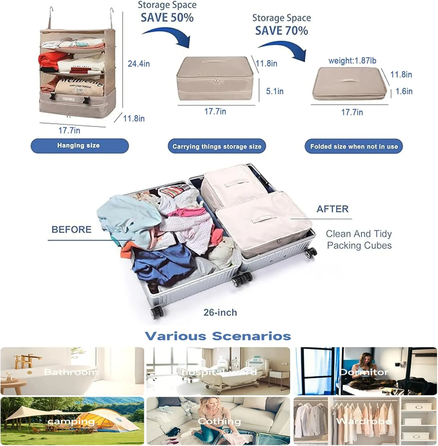 Portable Hanging Travel Shelves, Suitcase Organizer, Packing Cubes for Travel, Carry-On Closet Insert, X-Large Capacity Travel Bags Collapsible 4-Shelf Travel Closet with 2 Hooks (Beige)