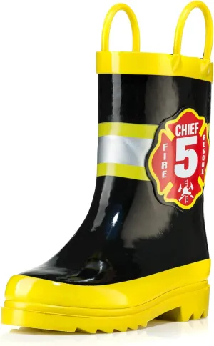 Puddle Play Rubber Rainboots 100% Waterproof - Easy-on Handles Yellow Fire Chief Size 8 Toddler