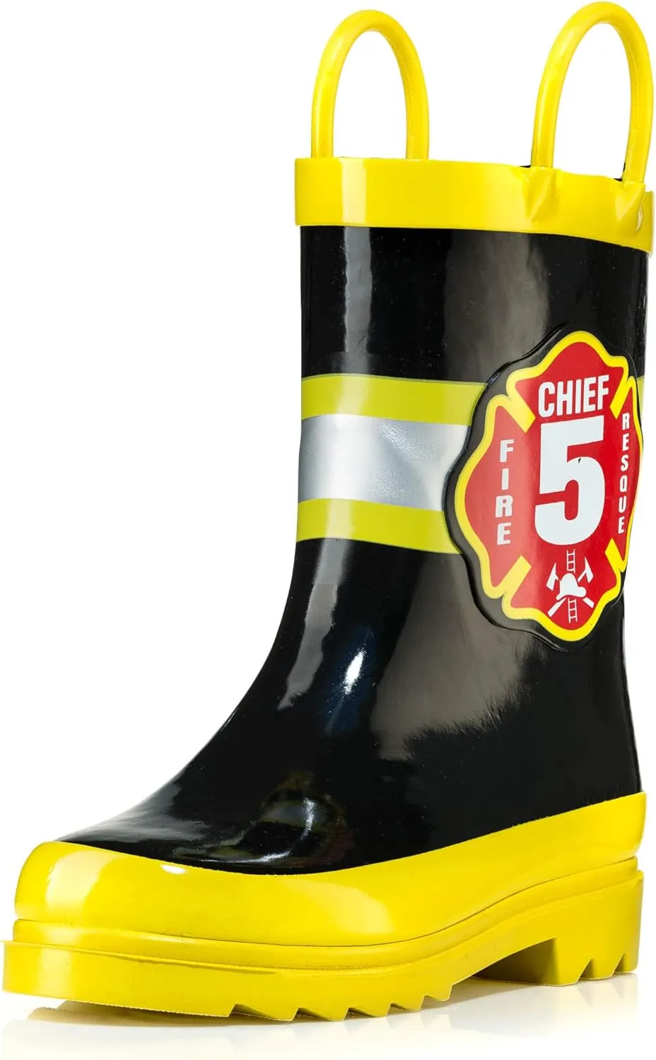 Puddle Play Rubber Rainboots 100% Waterproof - Easy-on Handles Yellow Fire Chief Size 8 Toddler