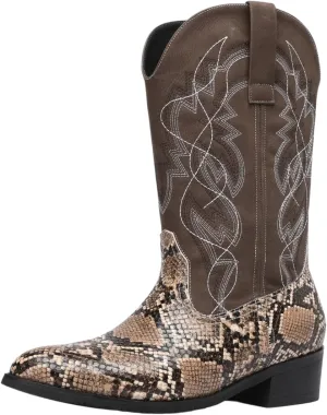 Python Manning Men's Boots Cowboy for Men Classic Pointed Toe Western Pull Up Snakeskin Embroidered Mid-Calf Boots
